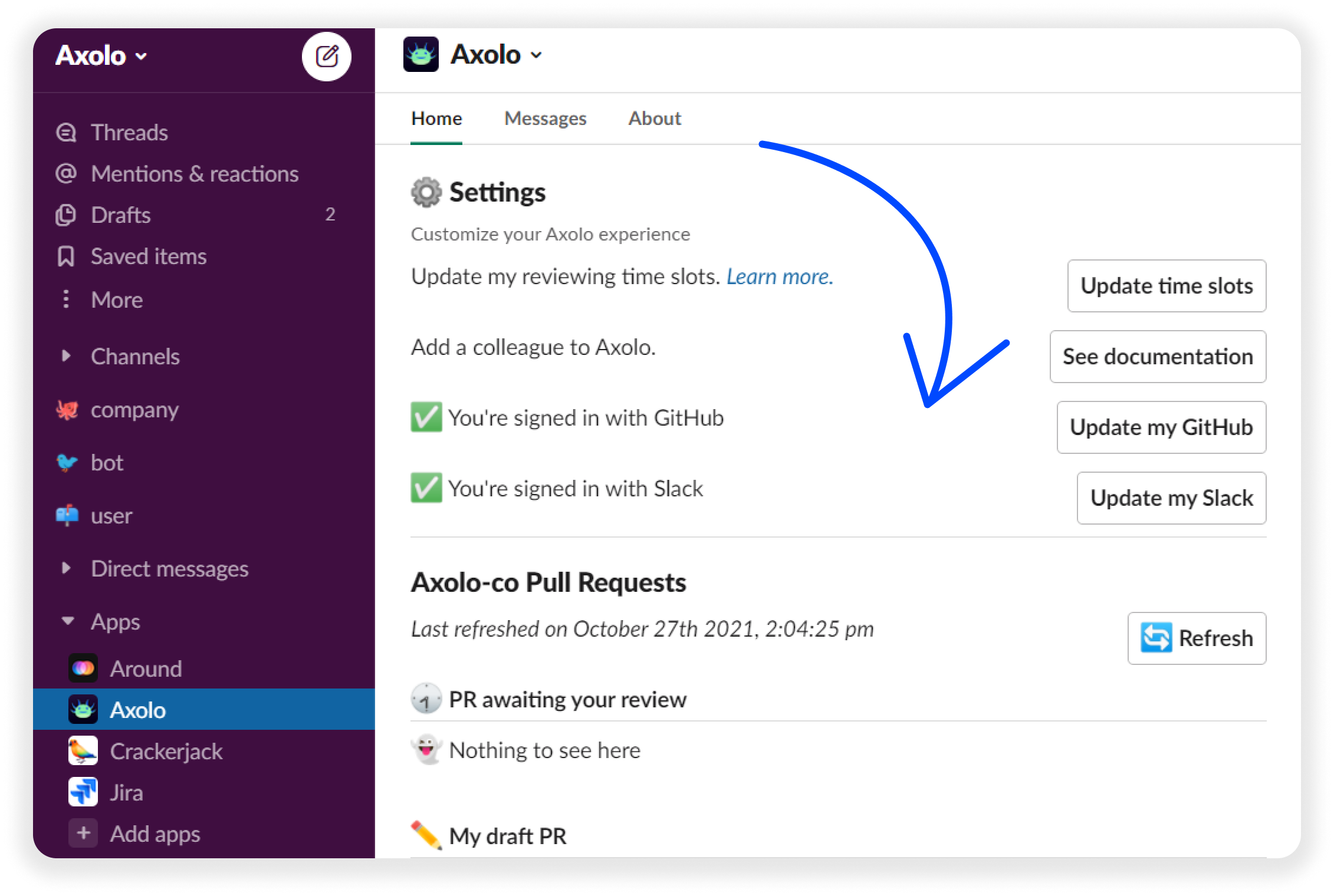 Axolo home OAuth Slack and GitHub/GitLab